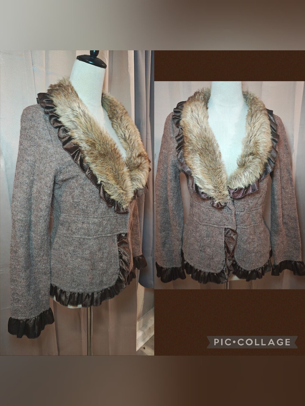 🤎🤍Vintage Y2K Dressbarn 100% Wool Faux Fur Ruffle Cardigan Jacket🤍🤎